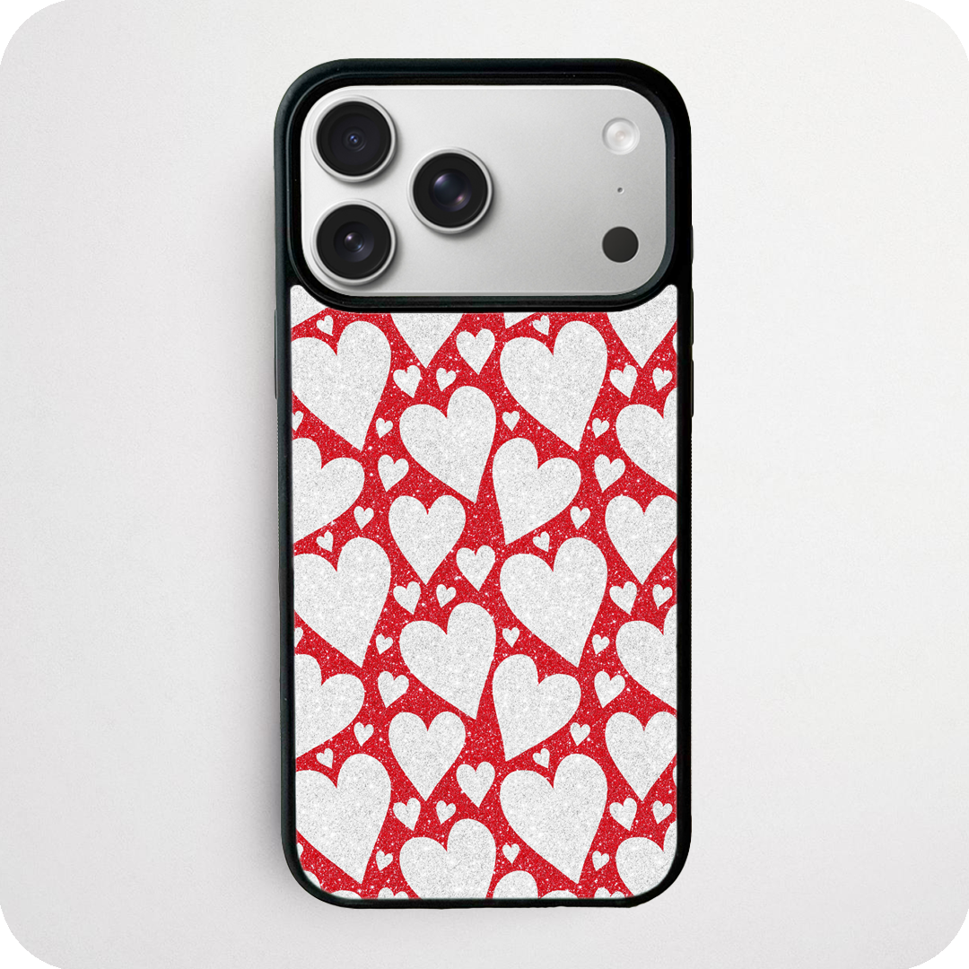 Red Glitter Phone Case | Large White Glitter Heart Pattern