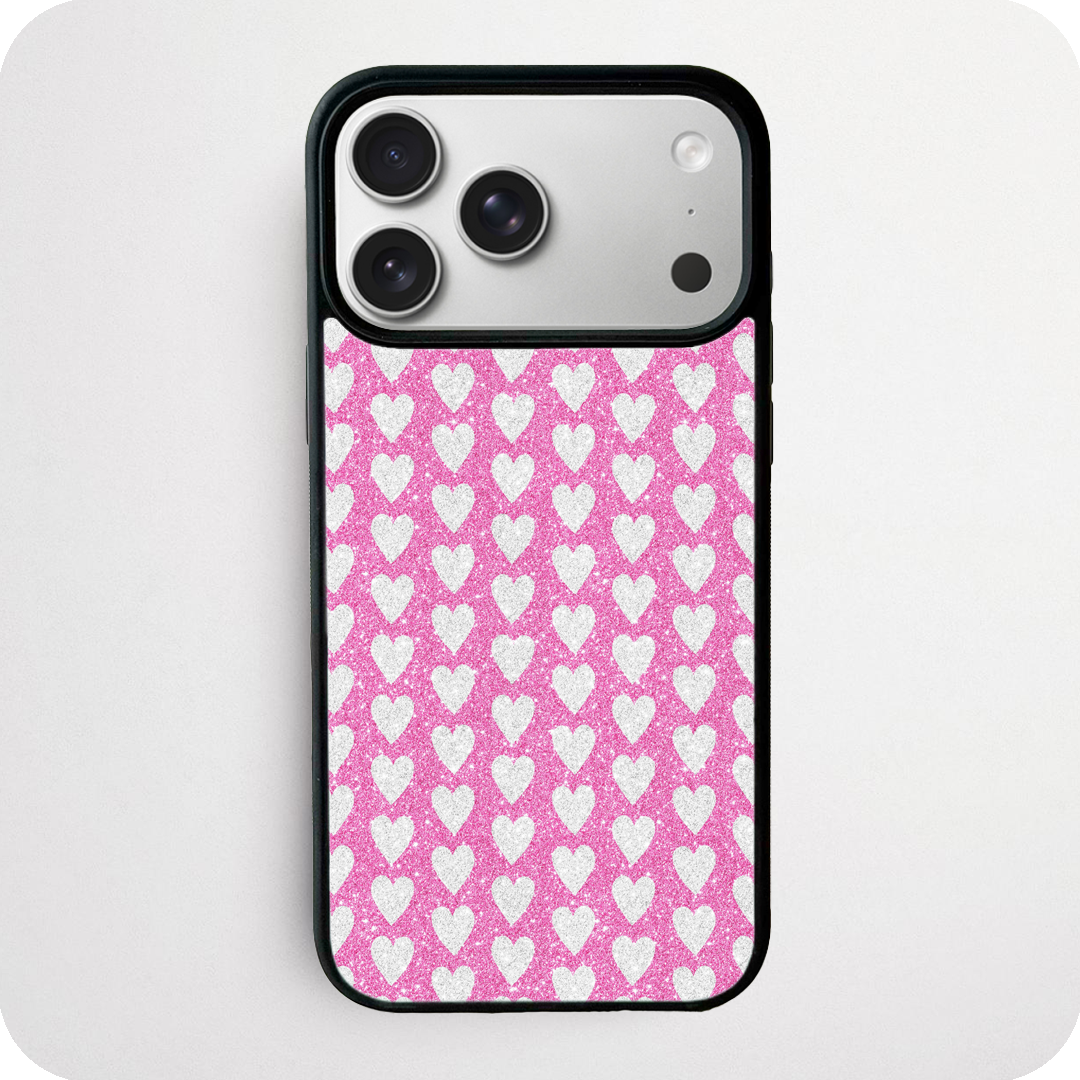 Pink Glitter Phone Case | Silver White Hearts Pattern