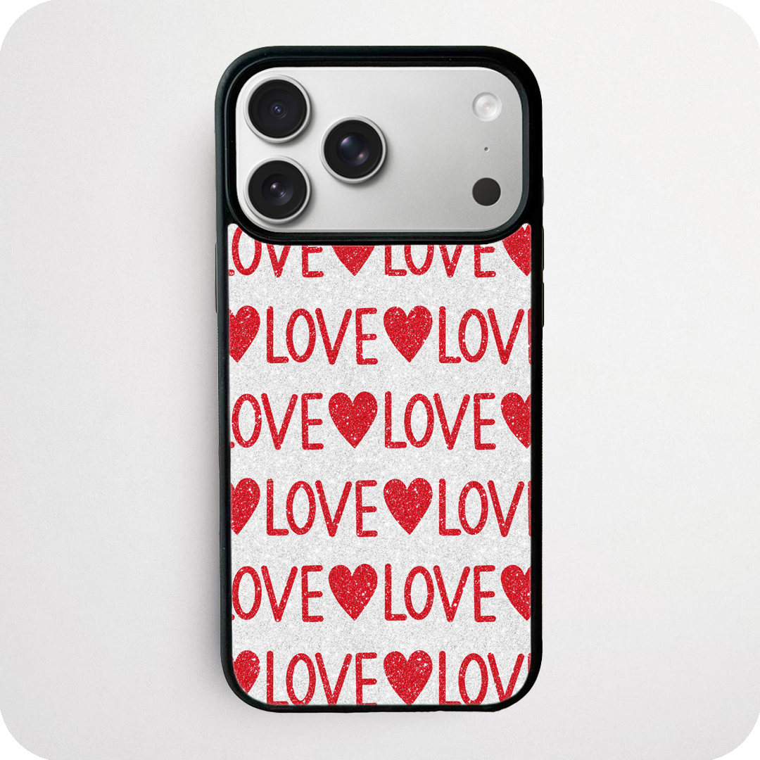 Red Glitter Love Phone Case | LOVE Text Repeat Pattern