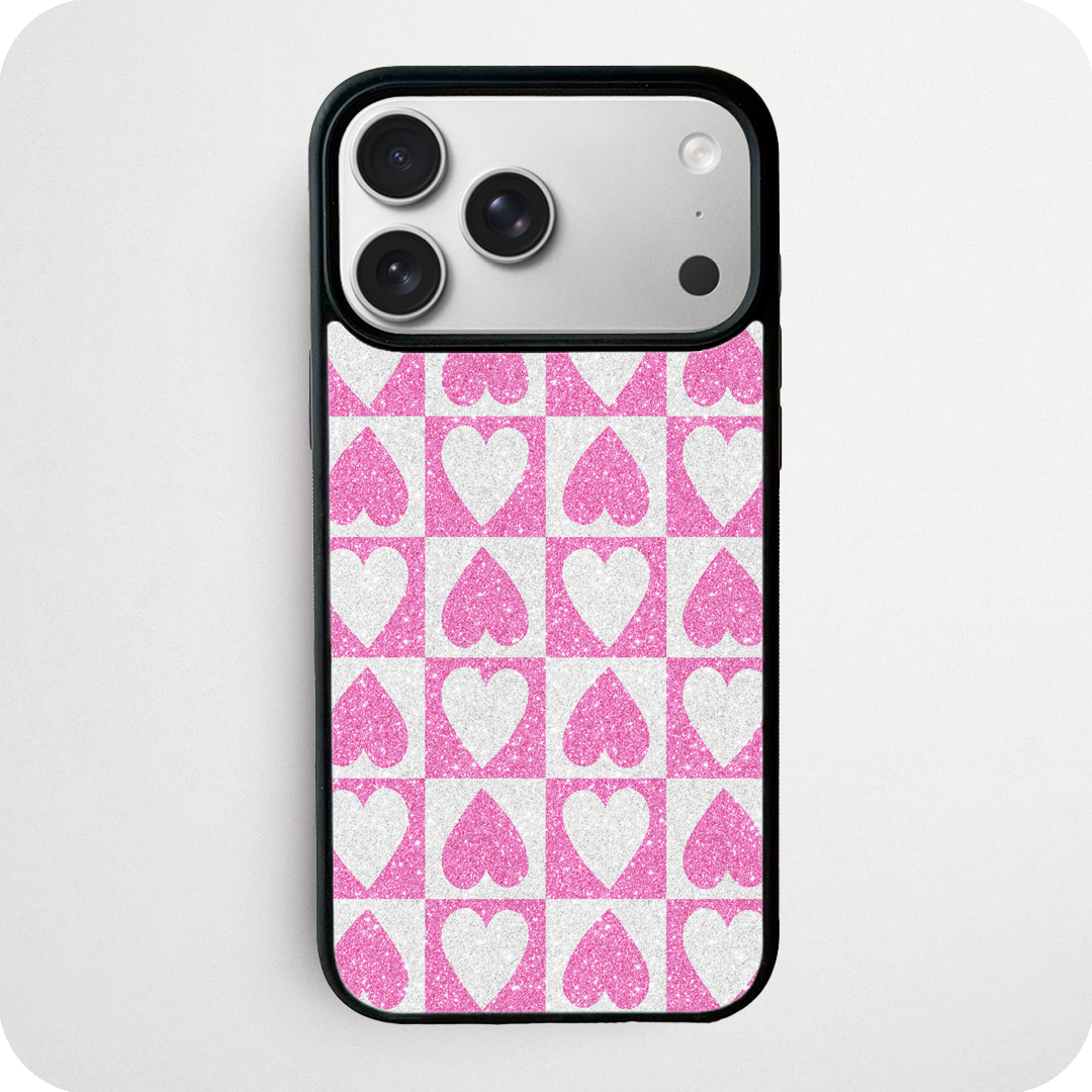 Pink Glitter Checkerboard Heart Phone Case | Retro Love Design