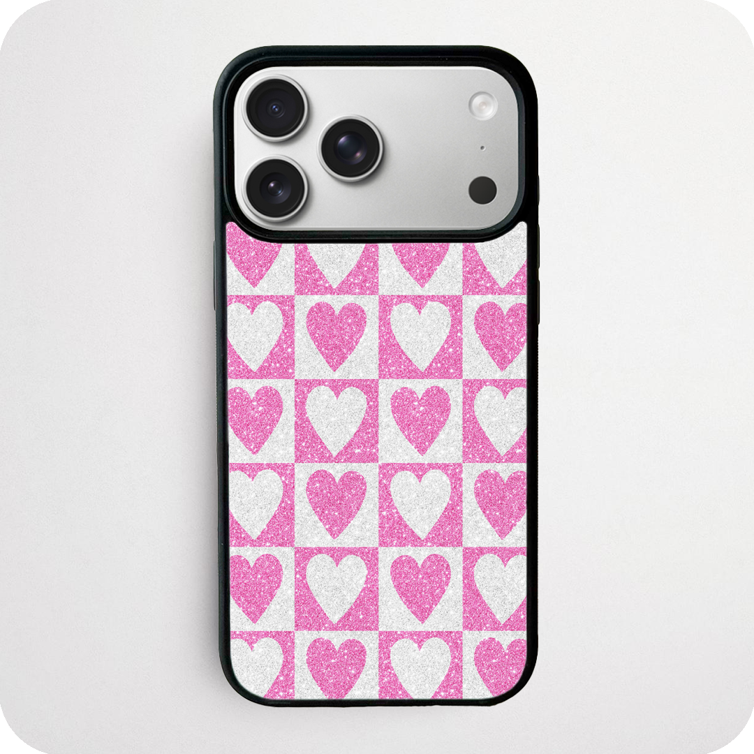 Pink Glitter Checkerboard Heart Phone Case | Aesthetic Y2K Design