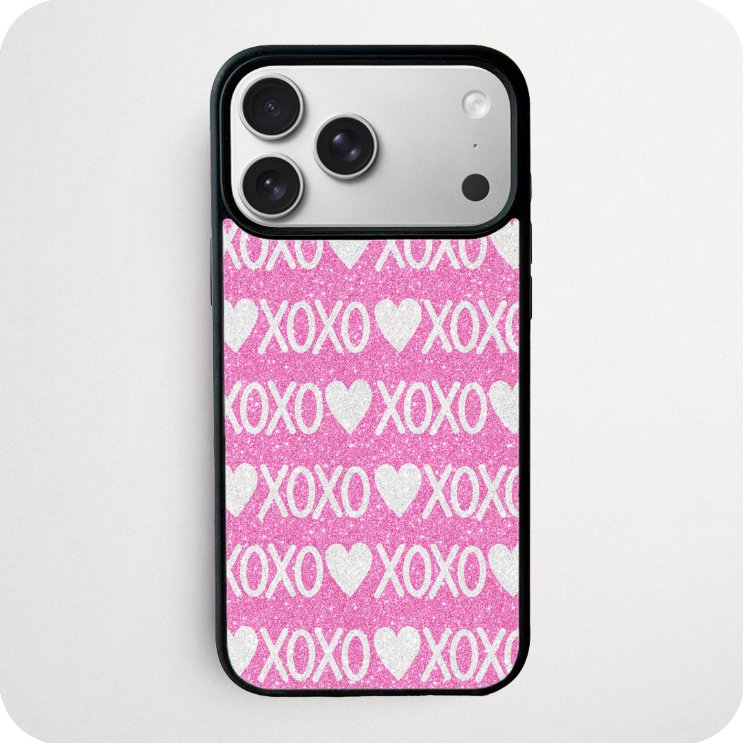 Pink Glitter XOXO Phone Case | Heart Text Repeat Pattern