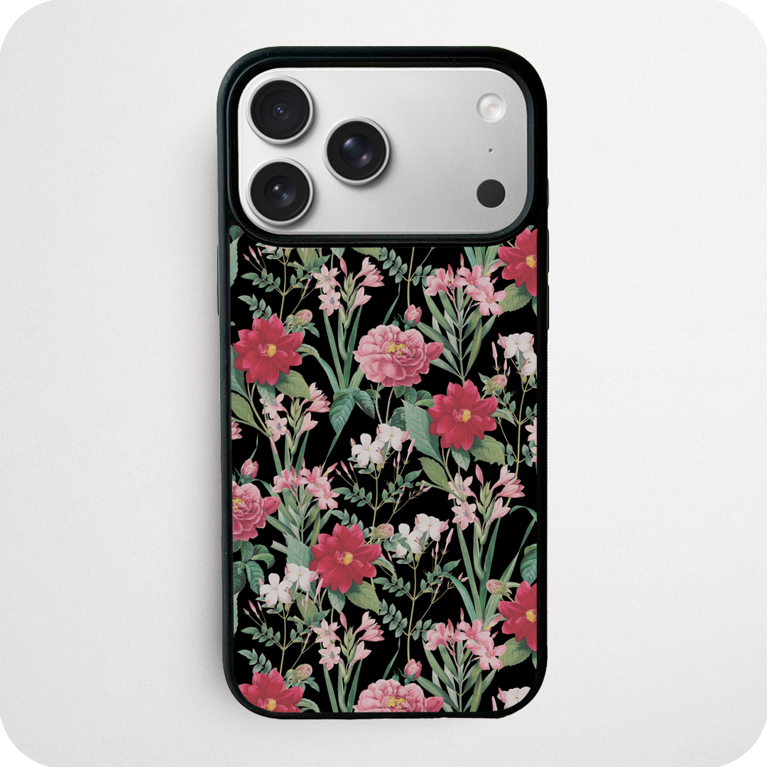 Dark Floral Botanical Phone Case | Red Dahlia & Pink Peony Black Design