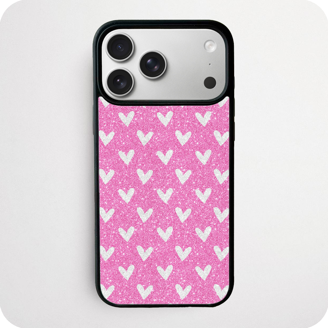Pink Glitter Phone Case | White Glitter Hearts Repeat Pattern