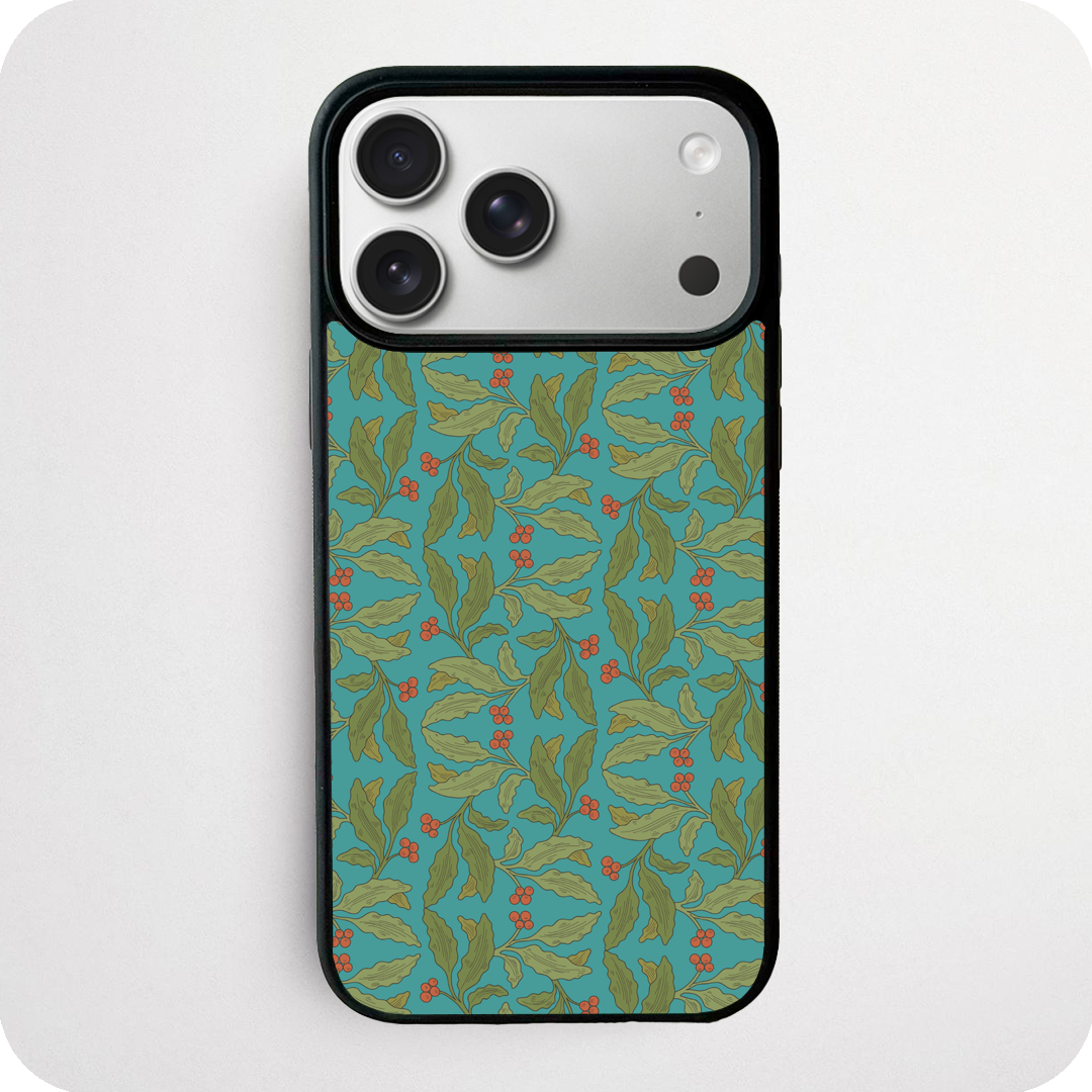 Holly & Berry Phone Case | Teal Green Botanical Pattern Design
