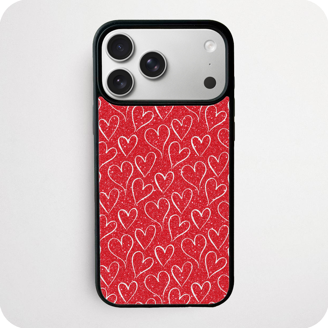 Red Glitter Doodle Heart Phone Case | White Heart Outline Design
