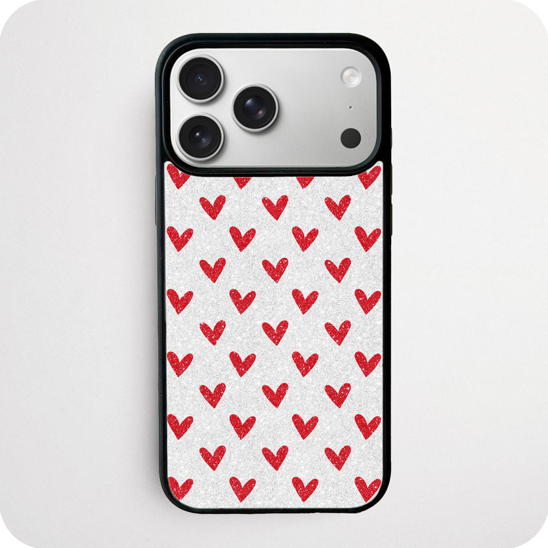 White Glitter Phone Case | Red Mini Hearts Repeat Pattern